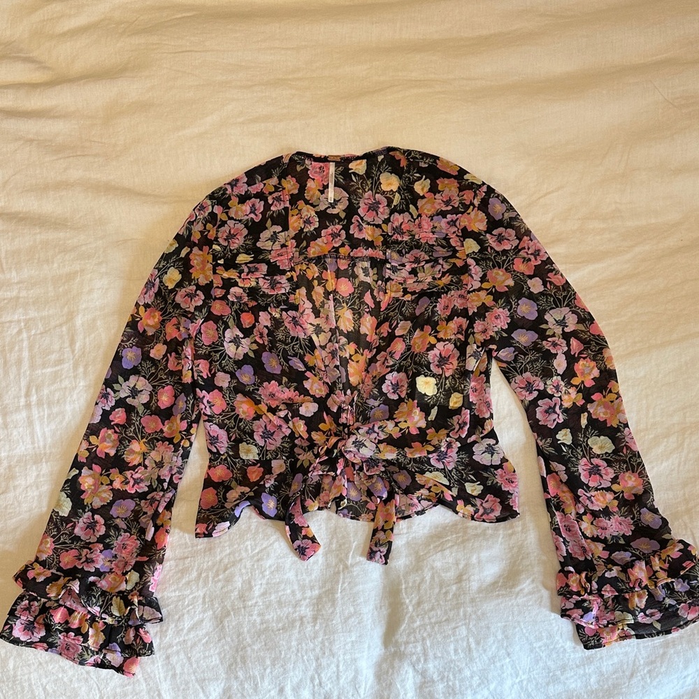 Free People Floral Tie-Front Blouse with Ruffle Sleeves